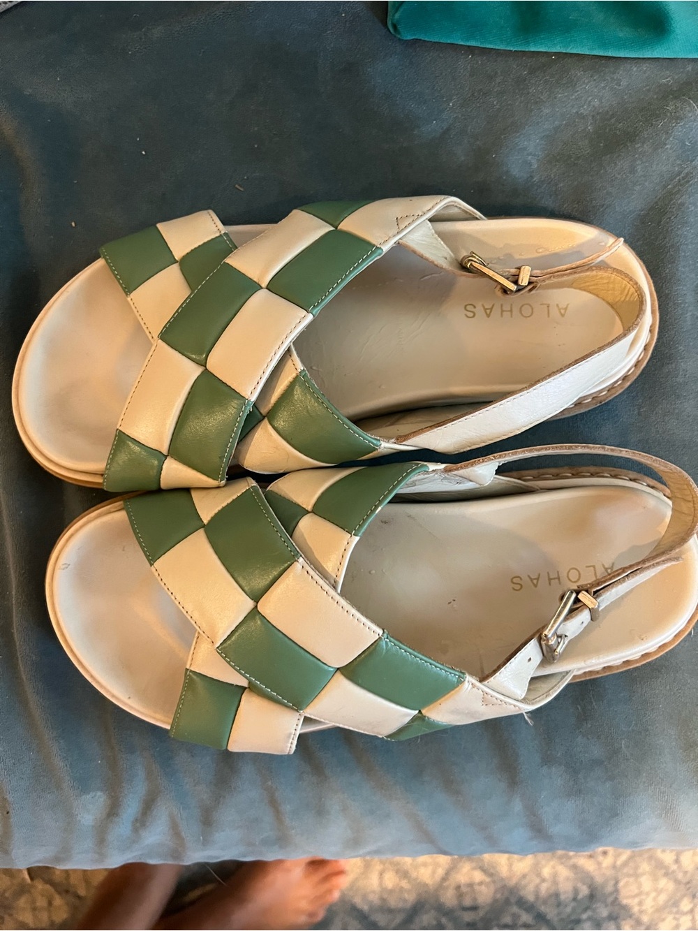 ALOHAS Green and White Woven Slingback Sandals